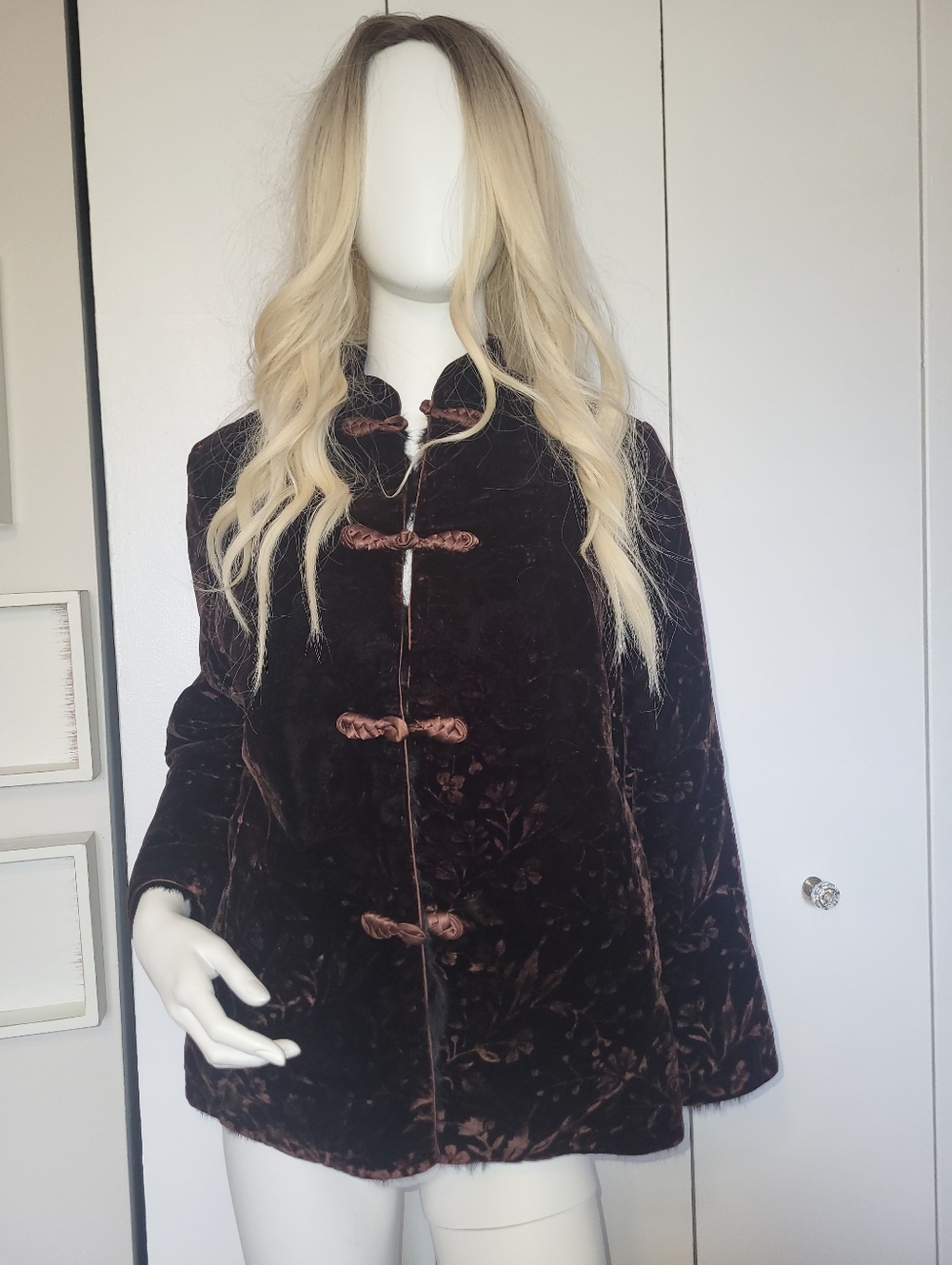 Brown Velvet Mandarin Collar Jacket With Black Fur Interior Sz M